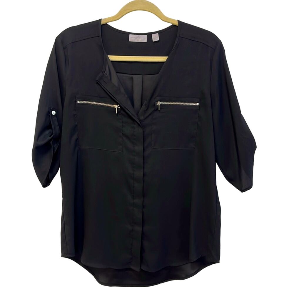 New York & Company black flowy top with exposed zipper pockets